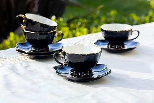 Grace Teaware Black Gold 11 Piece Black Gold Scallop Fine Porcelain Tea Set Hand Decorated Teapot Sugar Creamer Cup Saucer - Image 4