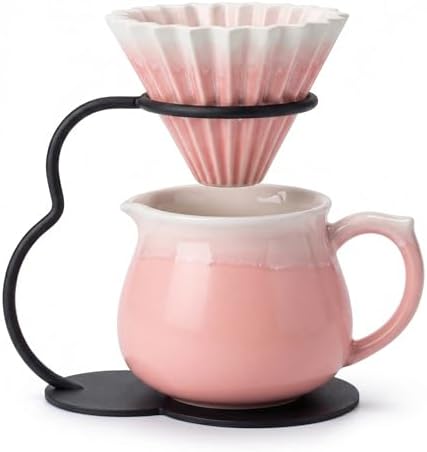 Pour Over Coffee Maker set,Ceramic Coffee Maker With V60 40 pcs Paper Filter，Metal Stand 13.5oz mug Pour Over Coffee Dripper Pink Pink by chooguang