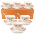 Cup and Saucer Sets of 6 with Spoon, 8oz Ceramic Tea Cups Saucers Set Porcelain New Bone China Floral Vintage Coffee Cup & Saucer Sets -Microwave Dishwasher Safe (Pink) by SWEDOU