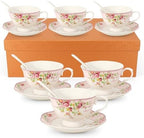 Cup and Saucer Sets of 6 with Spoon, 8oz Ceramic Tea Cups Saucers Set Porcelain New Bone China Floral Vintage Coffee Cup & Saucer Sets -Microwave Dishwasher Safe (Pink) by SWEDOU