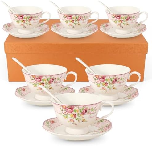 Cup and Saucer Sets of 6 with Spoon, 8oz Ceramic Tea Cups Saucers Set Porcelain New Bone China Floral Vintage Coffee Cup & Saucer Sets -Microwave Dishwasher Safe (Pink) by SWEDOU