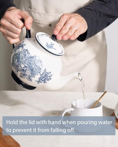 45 Ounce Tea Pot with Infuser, Ceramic Blue and White Teapot - Image 3
