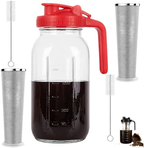 Cold Brew Coffee Maker Glass 64 Oz Mason Jar Pitcher With Stainless Steel Filter,Heavy Duty Glass Mason Pitcher With Spout Lid for Iced Coffee,Tea And Lemonade (Red Handle Cover,64 oz) by Unknown