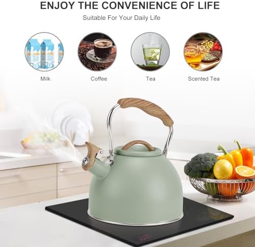Tea Kettle, Vegoran 100 OZ / 3 Liter Whistling Tea Kettle, Tea Pots for Stove Top Food Grade Stainless Steel with Wood Pattern Folding Handle, Loud Whistle Kettle for Tea, Coffee, Milk (Green) - Image 6