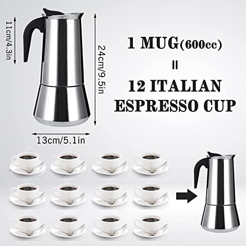 Stainless Steel Stovetop Moka Pot Espresso Maker Percolator 12 Cup 600ml Portable Italian Greca Cuban Coffee Maker for Big Family Home Office Camping, Work with Gas Electric Ceramic Stovetop - Image 2