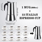 Stainless Steel Stovetop Moka Pot Espresso Maker Percolator 12 Cup 600ml Portable Italian Greca Cuban Coffee Maker for Big Family Home Office Camping, Work with Gas Electric Ceramic Stovetop - Image 2