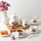 Sweejar 23 Pcs Floral Tea Sets with Metal Holder, Relief Gold Rim Porcelain Tea Sets for Adults, Cup and Saucer Set for 6, with Teapot, Sugar Bowl, Milk Jug, Spoons (Flower Style) - Image 6