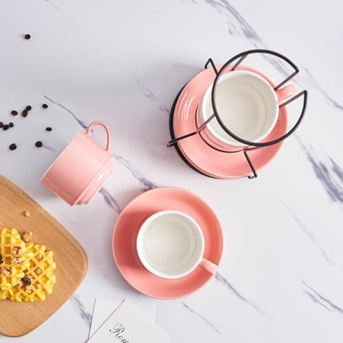 YOLIFE 8 Ounce Porcelain Stackable Cappuccino Cups and Saucers Set of 4 - Image 3