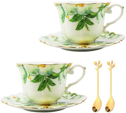Country Roses Porcelain Tea Cup and Saucer Set with Gold Trim, Vintage Style, For Women and Tea Parties (2, Green) - Image 4