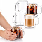 Patelai Glass Coffee Mugs Set of 4, 12 oz Clear Double Walled Coffee Cups Glasses Insulated Latte Mugs with Handle Espresso Clear Cups for Hot and Cold Beverages by Patelai