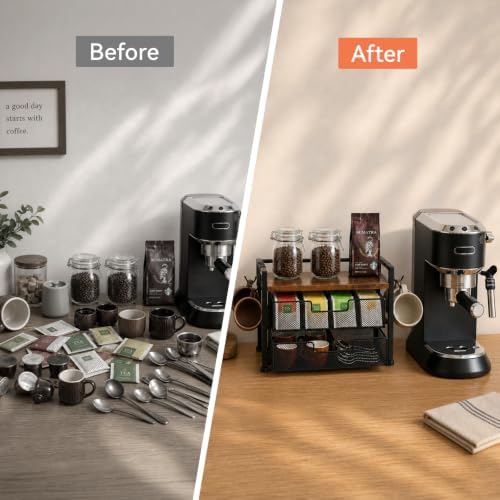 Beslands Tea Bag Organizer & Coffee Station, Matcha Kit Storage, 2 Drawers Tea Bar Tea Box Kitchen Shelf for Countertop, Teabag holder with 4 Hooks, Matcha Tea Station - Image 3