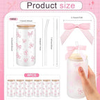 6 Sets 16oz Bow Glass Cups with Bamboo Lids Straws Tumbler,Pink - Image 2