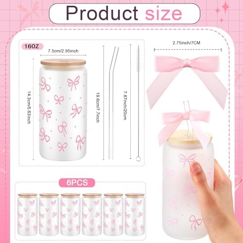 6 Sets 16oz Bow Glass Cups with Bamboo Lids Straws Tumbler,Pink - Image 2