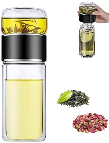 Glass Infuser Tea Cup, 3-in-1 Design with Built-in Filter, Double Layer Insulated Tea Bottle with Lid, Portable Loose Leaf Tea Steeper for Home Travel Office Use by Unknown