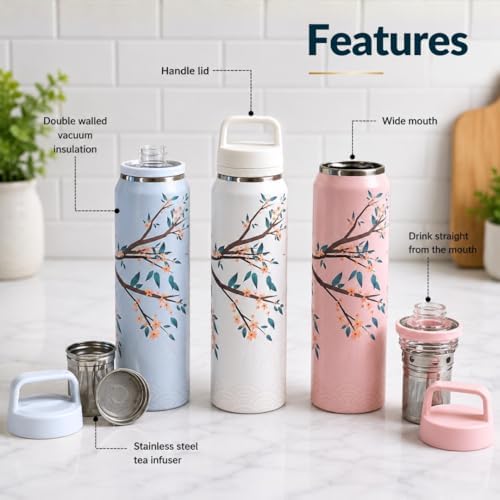 Farasi Tea Infuser Bottle for Loose Leaf Tea Insulated Stainless Steel Water Bottle Tumbler - Portable Coffee, Fruit, Loose Leaf Infuser Mug- Leakproof Blue Floral 24 oz - Image 6