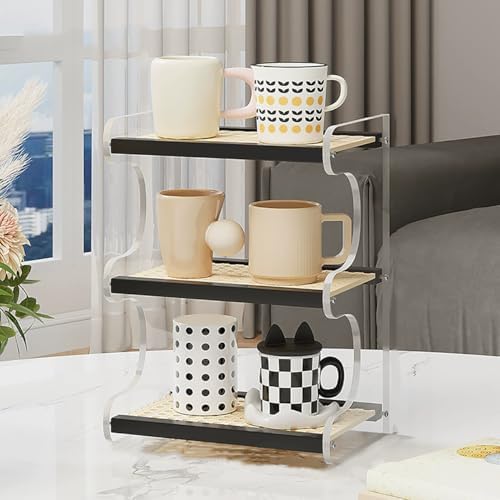 3-Tier Mug Holder Countertop,Wooden Rattan-Look Coffee Station Shelf, Cup Holder Mug Display Rack for Home Kitchen,Black,12.99" by XXRBB