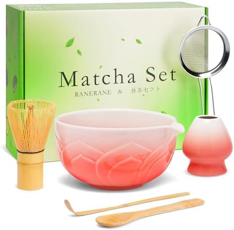 Matcha Whisk Set, Lotus Gradient Red Ceramic Matcha Set Includes Matcha Bowl, Matcha Whisk (Chasen) and Holder, Sifter, Bamboo Scoop & Spoon - 6 Pcs Matcha Kit for Matcha Lovers by RANERANE