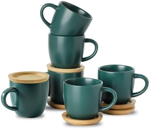 Hasense Stackable Porcelain Mini Espresso Cups and Saucers Set of 6, 4 OZ Ceramic Small Demitasse Espresso Shots Cups with Lids for Nespresso Lungo, Latte, Cafe Mocha and Tea, Green by Hasense