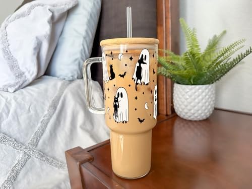 Sip-Sip Hooray! Ghost Holding Cats Halloween 40oz Glass Tumbler with Lid - Image 2