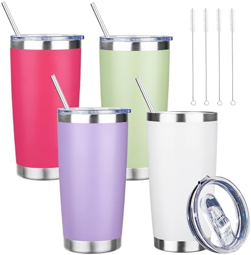 20 oz Tumbler with Lids and Straws, Stainless Steel Insulated Travel Coffee Mug, Double Wall Vacuum Insulated Tumblers, Powder Coated Coffee Tumbler for Cold & Hot Drinks (Mix Color-4, 4 Pack) by YEBTSLife