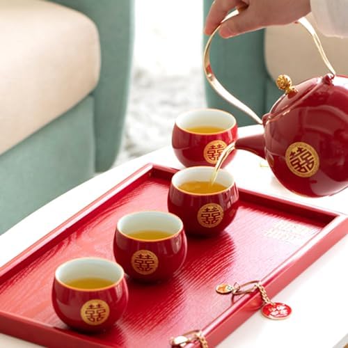 Chinese Wedding Tea Set, Red Porcelain Teapot, 8 Cups, Tray and Gift Box - Image 7