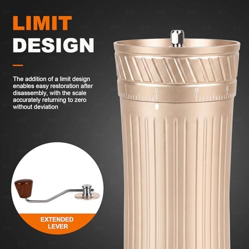 Manual Coffee Grinder with 38mm Titanium Coated Conical Burr, Premium Hand Coffee Grinder with External Adjustable Setting for Espresso, Pour Over & French Press, Slim Waist Design,Champagne - Image 3