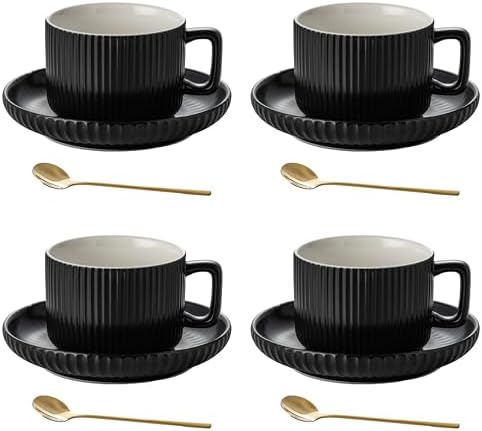 8 Ounce Cappuccino Cups Set of 4, Latte Mugs with Saucers and Spoons, Black Ceramic Coffee Mugs Tea Cups for Cappuccino Latte Mocha Au Lait Macchiato Cafe by AYUCIAPremiumCeramic