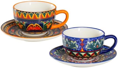 Henten Home Ceramic 8.5 oz Tea Cup Set, Latte Cup with Saucers Set of 2 by HentenHome