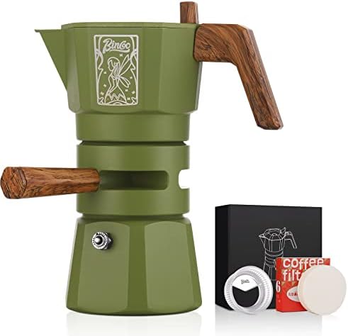 Bincoo 120ML Stovetop Espresso Maker Double Valve Moka Pot with Thermostat Extractor Prevent over-extraction,Italian Espresso Moka Pot with Powder Dispenser and Filter Paper for Home(Green) by Bincoo