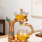 RORA Lazy Kungfu Glass Tea Set Semi Automatic Drip Rotating with Infuser Glass Teapot (Brown Bird) - Image 5
