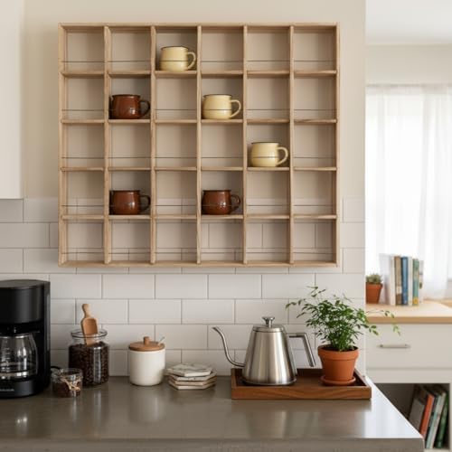 Kigley Oversize Coffee Mug Display Rack Wooden Shelves Rustic Shot Glass Display Case Travel Mug Shelf Wall Mounted Rack Holder Shadow Box(5 x 6,Brown) - Image 5