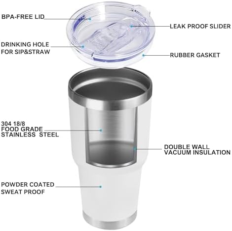 DOMICARE 30oz Tumbler Bulk with Lid and Straw, Double Wall Travel Coffee Mug, Insulated Vacuum Stainless Steel Tumblers, Powder Coated Tumbler Cup (White, 8) - Image 5