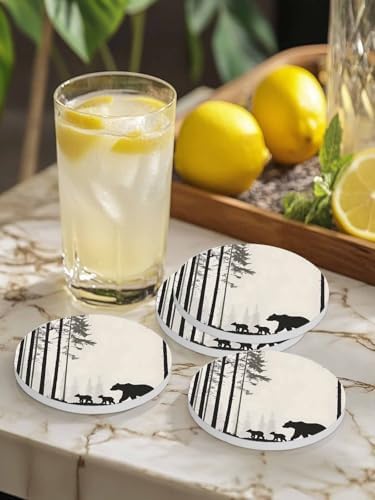 Coasters for Drinks Set of 8 Abstract Forest Walking Bear Silhouette Natural Scenery Ceramic Cup Mat, Absorbent Ceramic Stone Coasters with Cork Base for Coffee Cups Wooden Table Home Decor 4 Inch - Image 4