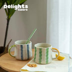 Striped Ceramic Coffee Mug Set of 2 (16oz) - Handmade Look Tea Cups with Yellow/Green Handles, Microwave Safe, Durable Daily Drinkware - Image 6