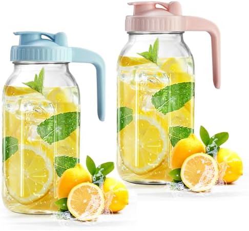 2 Pack Mason Jar with Pour Spout Lid V-shaped, 2 Quart Iced Tea Pitcher Double Leak Proof, 64 oz Drink Pitcher for Breastmilk, Sun Tea, Juice, Coffee Creamer, Formula Pitche by miradexic