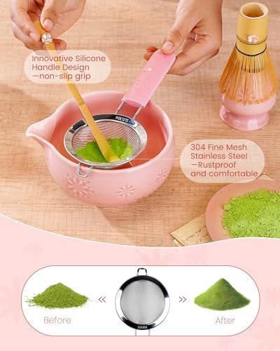 Matcha Whisk Set, 6pcs Matcha Set Includes Matcha Bowl with Spout, Bamboo Whisk & Scoop with Cute Charm, Chasen Holder, Innovative Sifter Handle, Tea Mat for Latte Making, Pale Pink - Image 3