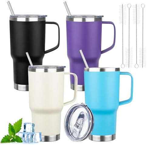 20oz Insulated Tumbler with Handle Stainless Steel Travel Coffee Mug with Lid and Straw Double Wall Vacuum Leak-proof Reusable Thermal Water Cup for Hot and Cold Drinks (Multicolor-4,4 Pack) by FristChoice