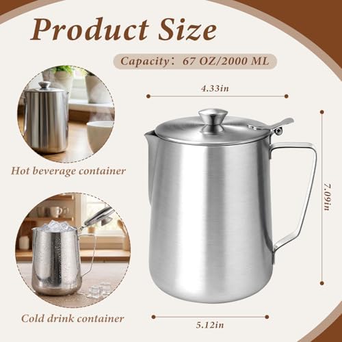 1 Pcs 67 Oz/ 2 L Stainless Steel Pitcher with Lid Milk Frothing Jug - Image 2