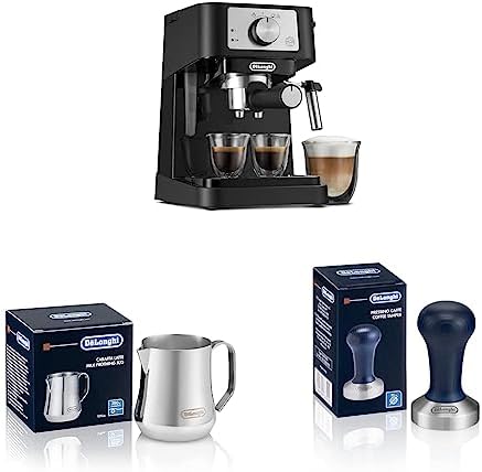 De'Longhi Stilosa Manual Espresso Machine, Latte & Cappuccino Maker & Stainless Steel Milk Frothing Pitcher, 12 ounce (350 ml) & DLSC058 Coffee Tamper by DeLonghi
