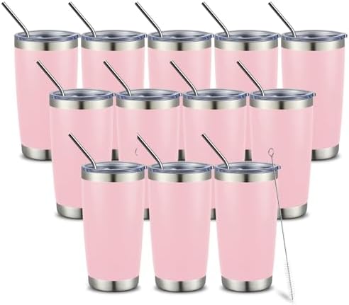 COMOOO 20oz Double Wall Vacuum Insulated Travel Mug Stainless Steel Tumbler with Lid and Straw Durable Powder Coated Insulated Coffee Cup for Cold & Hot Drinks (Pink, 12 pack by COMOOO