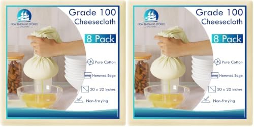 8 PCS Reusable Cheesecloth, Grade 100, 20x20 Inch Hemmed Cheese Cloth for Straining Craft, 100% Cotton Unbleached Cloth Strainer for Cooking, Baking, Juicing, Cheese Making (Pack of 2) by NewEnglandStories