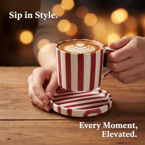 Festive Red and White Striped Ceramic Coffee Mug and Saucer Set, 200ml Latte & Tea Cup Gift for Holidays (Black) - Image 2