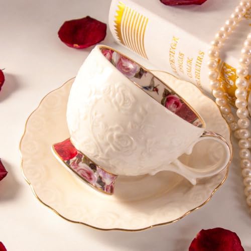 Tea Cups and Saucers Set of 2, 6.4oz Stackable Porcelain Coffee Cup, YFH13 - Image 4
