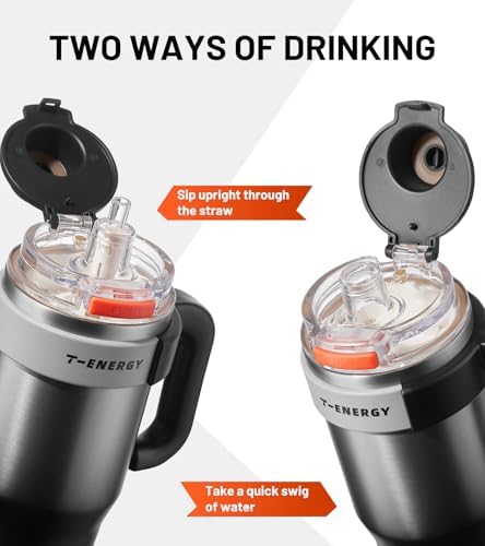 TKK 40 oz Insulated Tumblers with Handle and Straw, Stainless Steel Travel Mug with Ceramic Coating, Leak Proof Double Walled Iced Coffee Cup with Strainer for Hot & Cold Drinks,SteelBlack - Image 3