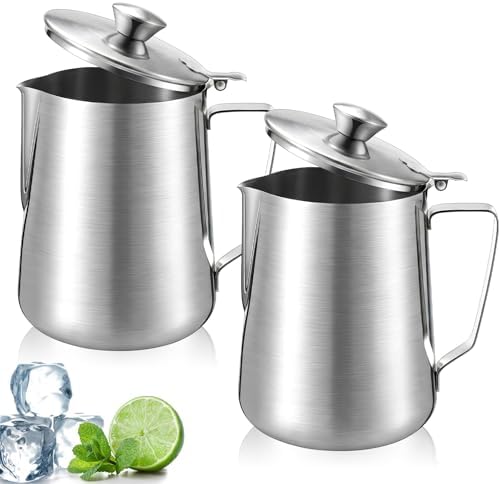 2 Pcs 33 Oz/ 1 L Stainless Steel Pitcher with Lid Milk Frothing Jug by Acellegic