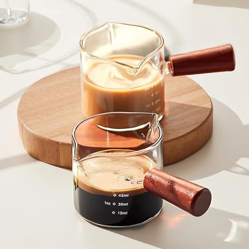 4 Pcs Glass Espresso Extraction Cup with Scale, Double Spout, Mini Milk Jug, Borosilicate Glass, Wood Handle, Precise Pouring and Measuring for Espresso Enthusiasts, Home and Barista Use - Image 3