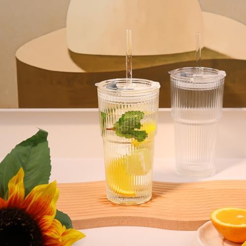 Ribbed Glass Tumbler with Lids and Straws, Vintage Clear Glass cups, Large capacity, Unbreakable, Fluted Design, Ideal for Travel, Iced Coffee,Smoothie, Tea, Latte, Gift (4pc 20oz) - Image 4