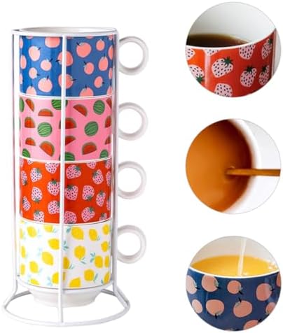 Uonlytech Stackable Ceramic Mug Set with Iron Stand, 200ml, 4 Piece - Image 4