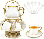 20 Pcs Porcelain Tea Set with Metal Holder, Adult Tea Set Gift, Large European Ceramic Tea Set for Adults, Flower Tea Cup Saucer Set for Party With Gold Trim(French White/1100ml) by Hebaogugu