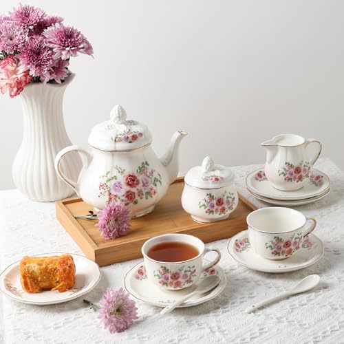 Sweejar 23 Pcs Floral Tea Sets with Metal Holder, Relief Gold Rim Porcelain Tea Sets for Adults, Cup and Saucer Set for 6, with Teapot, Sugar Bowl, Milk Jug, Spoons (Rose Flower) - Image 6